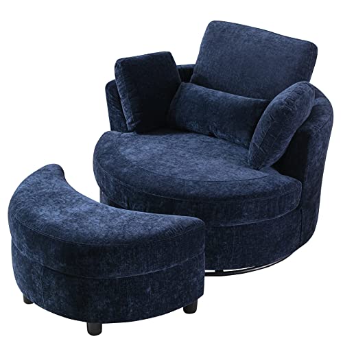 Oversized Swivel Accent Round Barrel Chair With Storage Ottoman+4Pillows, Modern Comfy Upholstered 360 Swivel Recliner Sofa Chair Chaise Leisure Lounge Chair For Living Room Bedroom (Navy Chenille) #TOP25