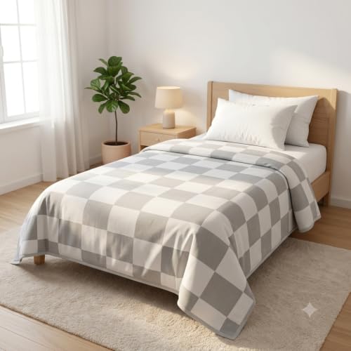 Image of Single Bed Dohar Soft Grey Check | Lightweight Summer Quilt | Soft Microfiber AC Blanket | Breathable All Season Comforter | Skin Friendly Bed Cover