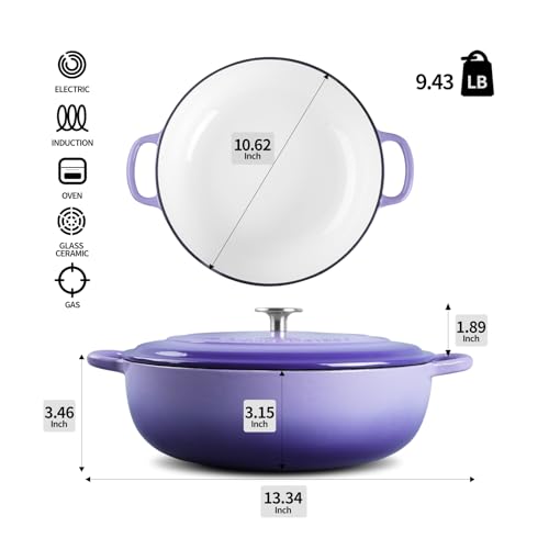 EDGING CASTING Enameled Cast Iron Dutch Oven Shallow Casserole Braiser with Dual Handle, 3.8 QT, Purple