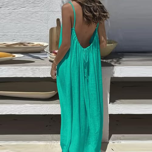 Image of HTHLVMD Backless Cami Dress Summer Dresses for Women 2026 Spaghetti Strap Dresses Womens Solid Color Backless Cami Dress
