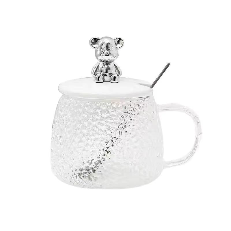 Cute Bear Lid Glass Mug with Spoon Transparent Hammered Texture Coffee Tea Cup Novelty Drinkware Gift