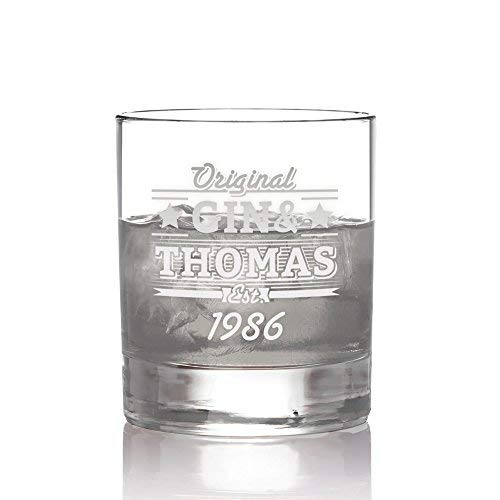 AMAVEL Ginglas mit Gravur, Personalisiert mit Namen und Jahreszahl, Tumbler, Gin & Tonic, Füllmenge: 320 ml, Trinkglas für Gin Cover