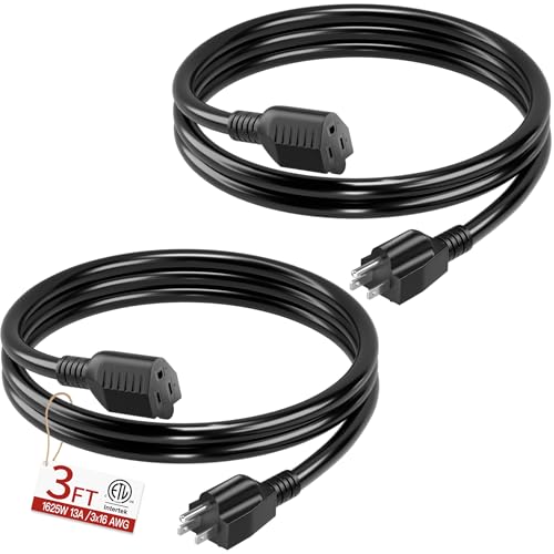 16/3 Short Extension Cord 3 FT 2 Pack, Black Extension Cord Flexible & Durable, Indoor 3 Prong Power Cable, Suitable for Home and Office, 13 Amp 1625 Watt 125VAC 16AWG, ETL Listed