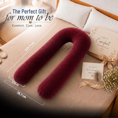 Image of Amazon Basics Full Body Pregnancy Pillow for Maternity,Baby Nursing,Full Body Support-Abdomen,Hip,Spine,Neck&Leg Support Cushion| Perfect Baby Shower Gift | U-Shaped-Washable Cover with Zip - Maroon