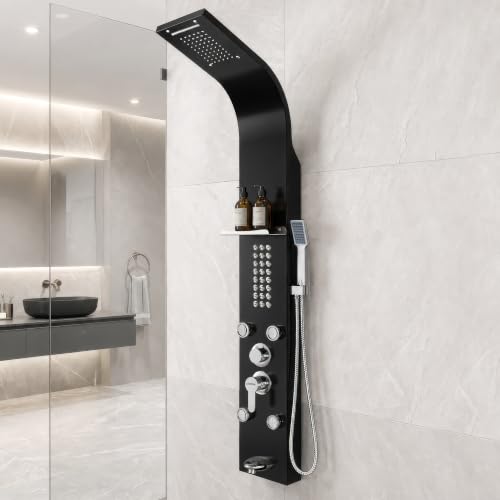 Image of Plantex Shower Panel /6 in 1 Shower System /304 Grade Stainless Steel Rainfall Showerhead with Handshower for Bathroom /Tub Spout /Body Massage Spray With Hot &cold Mixer-(1016, Black)