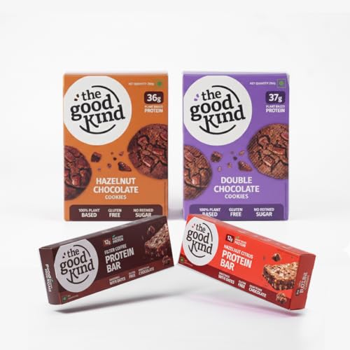 Image of The Good Kind Hazelnut Chocolate Cookies (1 pack), Double Chocolate Cookies (1 pack), Protein Bar (2 Pack)- 200gm, Almond Butter & Millet Flour, Perfect for Snacking, Gluten Free, Palm Oil free & Vegan ( Pack of 4 )