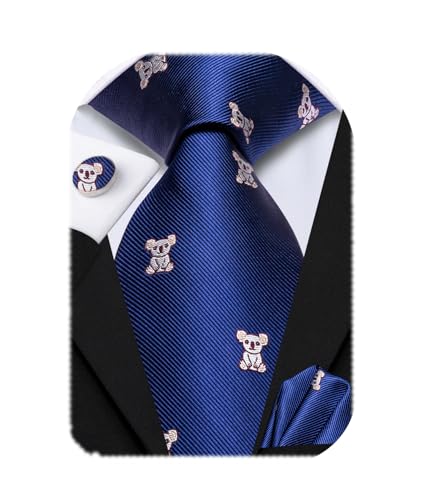Image of Hi-Tie Men Blue Koala Neck Ties Sets Silk Jaquard Funny Necktie Pocket Square Cuff-links Sets Wedding Business Holiday