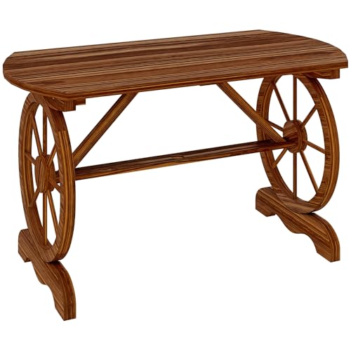 Outsunny Mesa de Jardín de Madera Mesa de Terraza Exterior 120x63x70 cm con Patas en Forma de Rueda Orificio para Sombrilla y Diseño de Listones Carga 50 kg para Patio Madera Carbonizada