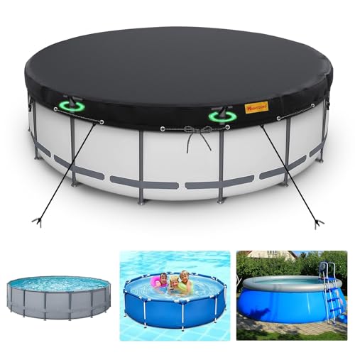 HIGHTQURO 15Ft Round Pool Cover,Heavy Duty Waterproof Round Pool Covers for Above Ground Pools with Ground Nails and Windproof Ropes,Increase Stability&Tear-Resistant, Waterproof and Dustproof, Black