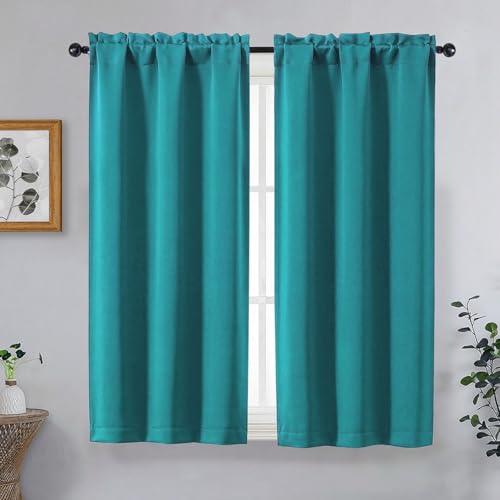 Image of Teal Short Blackout Curtains for Bedroom 54 Inches Long 2 Panels, Modern Window Treatment Solid Thermal Insulated Curtains for Living Room, Dual Rod Pocket Blackout Drapes, 2x40Wx54L Inches