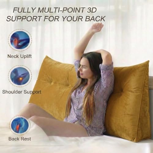 Image of Luxury Velvet Tufted Wedge Pillow with Side Pocket - Soft Headboard Back Support Cushion for Bed, Sofa & Floor Seating - Golden Color