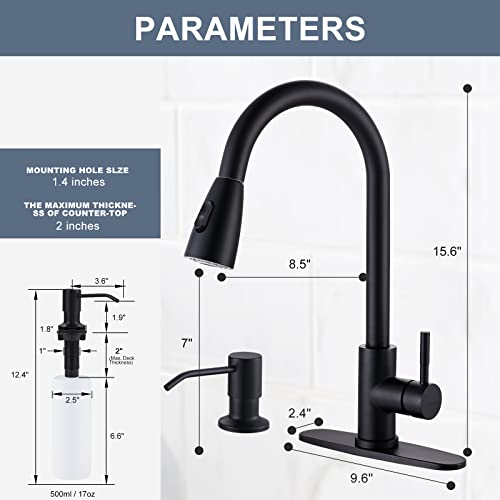 Wowow Black Kitchen Faucet With Soap Dispenser, Stainless Steel Kitchen Sink Faucet, Matte Black Kitchen Faucet Single Handle High Arc Utility Sink Faucet For Sink, Rv, Laundry, Bar #TOP5