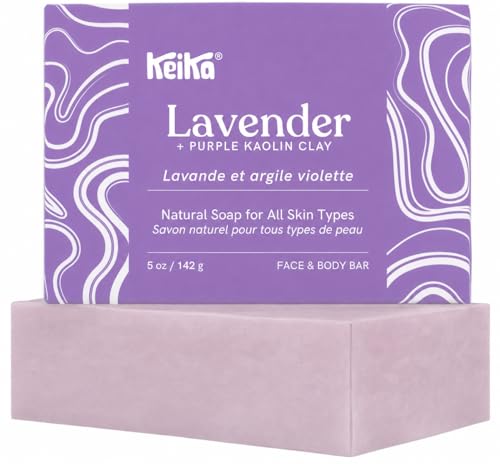 Image of Keika Lavender Soap Bar with Purple Kaolin Clay for Face & Body, Natural Relaxing Spa Bath & Shower Cleanser, 5 oz.