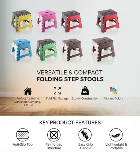 Image of 12 Inch Portable Plastic Folding Step Stool | 90kg Capacity | Anti-Slip Rubber Feet | Safe for Kids & Adults | Lightweight | Kitchen Bathroom Travel Garden Stool (Multi, Pack of 1)