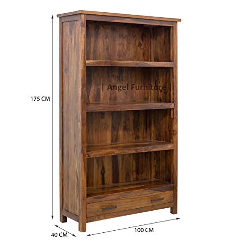 Image of ANGEL FURNITURE Solid Sheesham Wood Bookshelf with Drawer | Large Full-Size Storage Rack | Honey Finish, Semi-Gloss | 100x40x175 CM Honey Finish