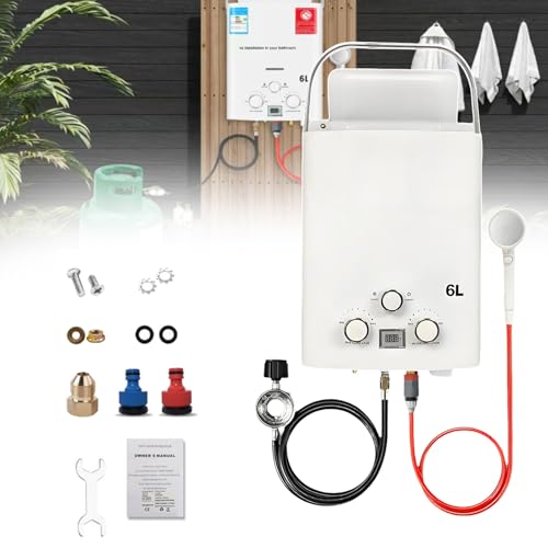Calentador De Agua Portátil A Gas Sin Tanque,1.58 Gpm,6 L, Protección contra Sobrecalentamiento, Pantalla Digital para Exteriores,Apto para Casas Rodantes, Campamentos Y Duchas Al Aire White