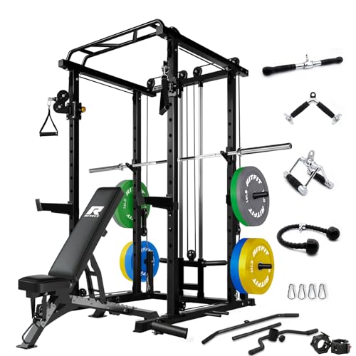 RitFit Multi-function Squat Rack Power Cage PPC03 with Cable Crossover System, 1000LBS Capacity Power Rack and Packages with Optional Weight Bench, Olympic Barbell Weight Set, for Garage & Home Gym