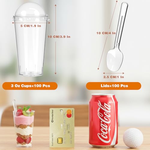 200 Pcs 3oz Mini Dessert Cups with Lids and Spoons - Jello, Clear Plastic Parfait & Pudding Shooter Cups for Tasting Party, Catering, Wedding, Birthday Appetizer, Yogurt, Fruit, Cheesecake