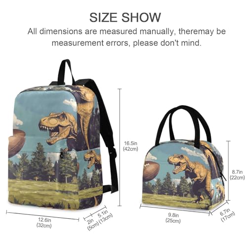 Backpack Lunch Bag Set Dinosaur and Football Print, Big Storage Travel Backpacks with Insulated Lunch Box for Office Hiking Picnic2
