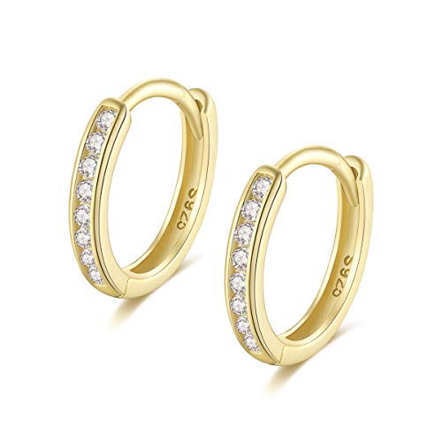 Silver Hoop Earrings for Women, 925 Sterling Silver Huggie Hinged Cubic Zirconia Earrings, 14K Gold Plated 13mm Hypoallergenic Small Sleeper Hoop