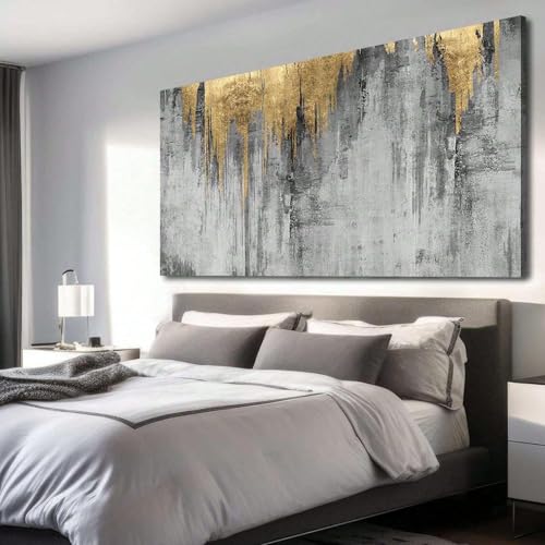 Toile murale abstraite grise et dorée grand format 80x160cm avec cadre