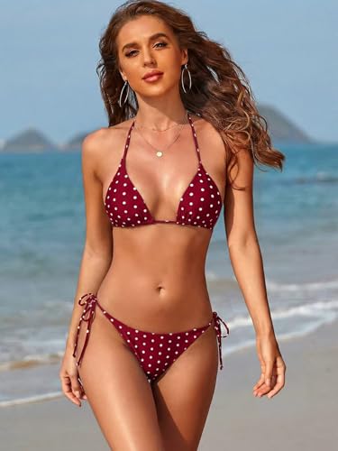 Image of Tainehs Women's Sexy Halter Thong Bikini Tie Two Sides Bottom Triangle Bikini Swimsuits