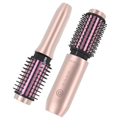Youbella Cordless Hair Curling Iron Brush, Mini Travel Hot Straightener Comb, 3-in-1 Portable Wave Curling Wand, 1.5″ Ionic Heated Brush, USB Rechargeable Hair Curler, Pink Cover