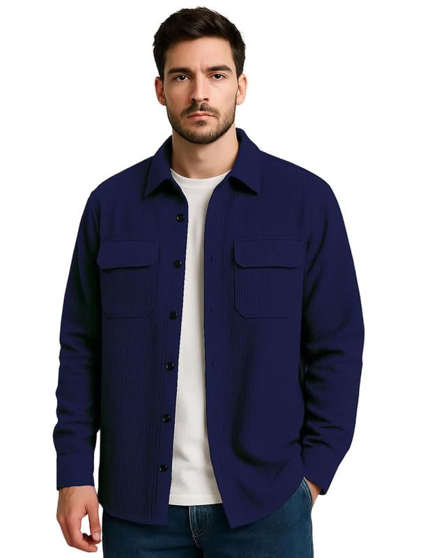 Image of DEELMO Men's Cotton Polyester Corduroy Shirt with Textured Pattern Spread Collar Full Sleeves Dual Pocket Front and Button Down Closure | Textured Shirts for Men | Shirts for Men Stylish
