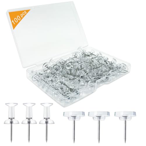 Noqlyur 100-Pack Heavy-Duty Tacks and Push Pins Clear Flat-Head Thumbtacks with Storage Box for Office Home Classroom & Cork Boards
