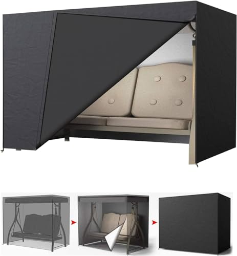 LCGOD Garden Swing Cover 3-Seater Waterproof Hammock Cover with Zips, Black 600D Oxford Fabric Outdoor Swing Seat Cover Dustproof Snowproof Windproof Anti-UV (215x125x170cm)