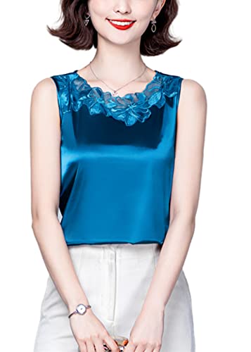 Lqhhylyx Ladies Lace Silk Satin Sleeveless Camisole Round Neck Commuter Shirt (Peacock-Blue, Medium) #TOP2