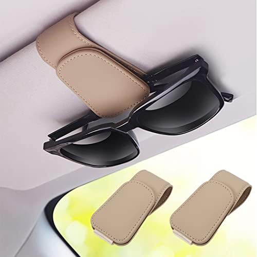 SAMGCHI 2 Packs Sunglass Holder for Car Sun Visor, Magnetic Eyeglass Hanger Clip for Car Visor, Leather Car Glasses Mount, Car Interior Visor Accessories (Beige-2Pcs)