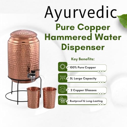 Image of Pure Copper Water Dispenser with Stand, Tap & 2 Glasses | 5 Litre Large Copper Water Pot for Drinking | BPA Free, Non-Toxic, Rustproof Hammered Copper Tank