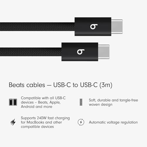 Image of Beats 240W USB-C to USB-C Braided Cable, Fast-charging, Durable /Tangle-free, Compatible with Apple and Android Devices (3m) - Bolt Black