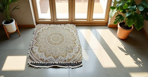 Gold Mandala Barmeri Large Floor Pillow Cover Cushion Meditation Seating Ottoman Throw Cover Hippie Decorative Zipped Bohemian Pouf Ottoman Poufs, Pom Pom Pillow Cases (White Gold, 24\" Square) - Thumbnail 2