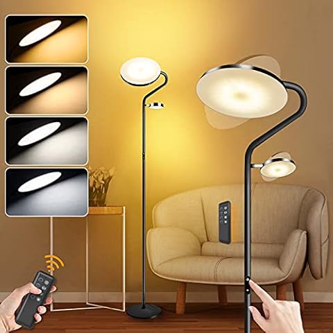 Tacopet 2 LEDs Floor Lamp Main Uplighter 27W 2000LM, Side Reading Lamps 7W 400LM, Dimmable Adjustable Standing Light with 4 Color Temperature, Remote & Touch Control for Living Room, Bedroom, Office Cover
