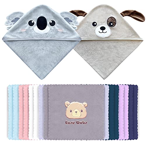 Image of Ease Cubs 18-Piece Baby Hooded Bath Towel Rayon Derived from Bamboo and Microfiber Washcloth Sets for Infant, Toddler - Koala, Dog