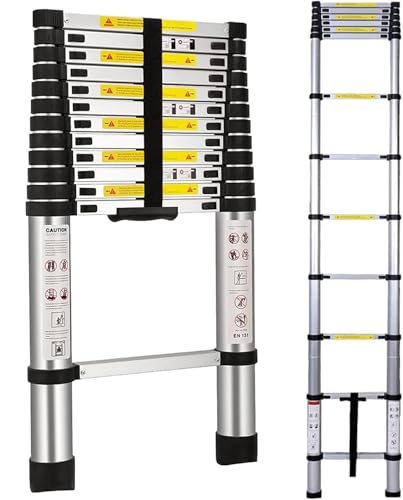 Teleskopleiter, 5 m, Metal-Teleskopleiter mit rutschfesten Füßen, leicht, zusammenklappbar, Mehrzweckleiter, 150 kg Kapazität