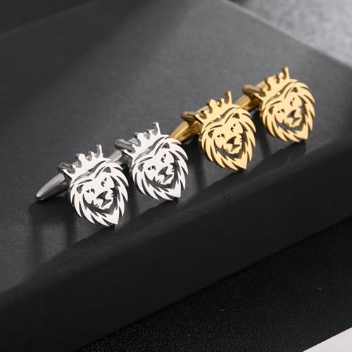 Mancuernillas con cabeza de león tono dorado de acero inoxidable miniatura 4