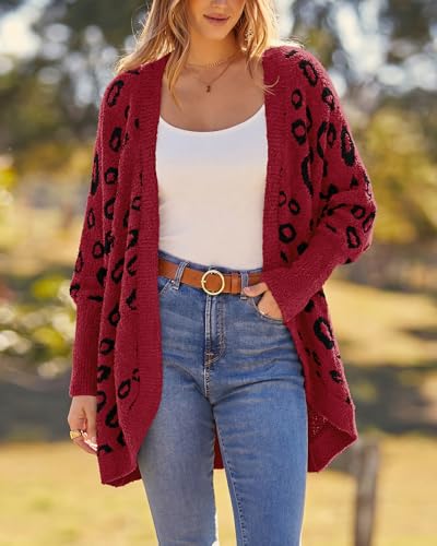 BTFBM Leopard Cardigan for Women Long Sleeve Open Front Cardigans Sweaters Pockets Loose Knit 2026 Fall Winter Outwear(Red, Large) — view 2