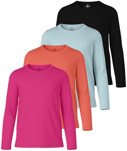 Image of Real Essentials 4 Pack: Girls' Dry-Fit Long Sleeve Crew Neck T-Shirt - Athletic Activewear Soccer Top for Teens Kids Youth