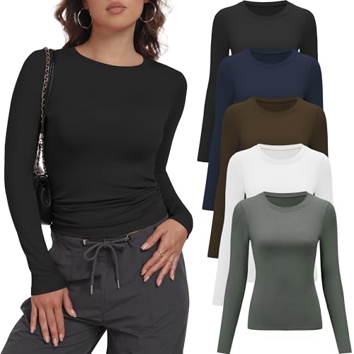 miijoory 5er Pack Langarmshirt Damen Rundhalsausschnitt Basic Langarm T-Shirt Slim Fit Y2K Top Casual Dehnbar Longsleeve Oberteile(M,Schwarz, Weiß, Marineblau, Kaffeebraun, Olivgrün)