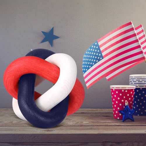 Image of Chunful 4th of July 3 Link Wooden Knot Decor American Patriotic Table Decoration Hand Carved Independence Day Table Topper Decor Rustic Farmhouse Boho Decorations for Memorial Day