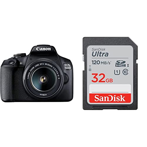 Canon EOS 1500D 24.1 Digital SLR Camera (Black) with EF S18-55 is II Lens & SanDisk Ultra SDHC UHS-I Card 32GB 120MB/s R for DSLR Cameras, for Full HD Recording, 10Y Warranty Canon EOS 1500D 24.1 Digital SLR Camera (Black) with EF S18-55 is II Lens & SanDisk Ultra SDHC UHS-I Card 32GB 120MB/s R for DSLR Cameras, for Full HD Recording, 10Y Warranty