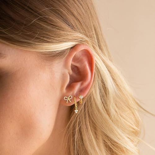 Image of Gold Earrings for Women, 14k Gold Plated Dangle Huggie Earrings for Women Trendy Dainty Gold Hoop Earring Stacks Hypoallergenic Pearl Chain Drop Cartilage Earring Fashion Womens Jewelry