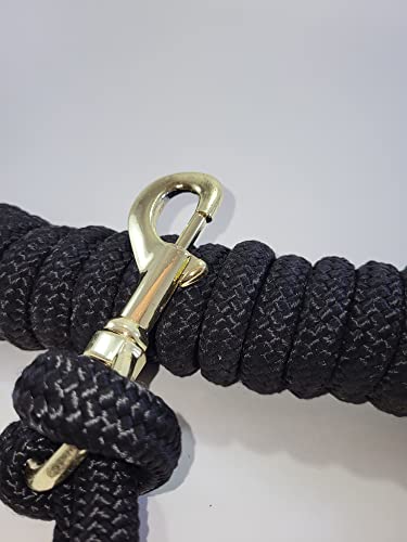 Black Horse Halter And 10 Ft Lead Rope Bundle -Clinician Approved - Yacht Braided Rope With Perfectly Placed Knots & Leather Popper - Easy Clip Brass Hardware #TOP3