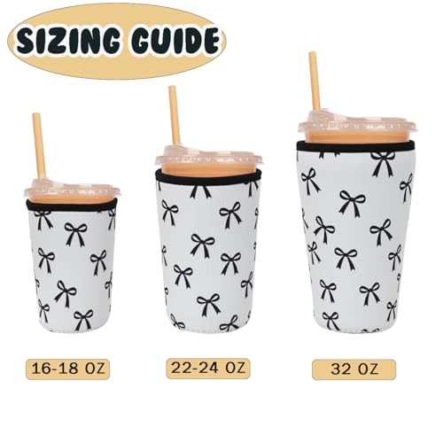 Image of Reusable Insulated Neoprene Iced Coffee Cup Sleeve, Durable Drink Sleeve for Cold Beverages, Beverage Holder for Iced Coffee, Black Bow