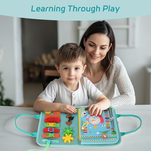 Image of WOODENFUN Busy Board Montessori Toys for Boy Girl Birthday Gifts, Busy Book Learning Sensory Easter Toys for Toddlers, Toddler Travel Autism Educational Activities Fine Motor Skills