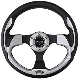 NRG Innovations, ST-001SL, 320mm 6 Hole Racing Steering Wheel Black Leather Silver Trim Grip with Horn Button ST-001SL