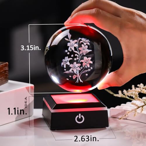 Image of 3D Crystal Ball Glass Lilys Flowers Home Decor Collectible Figurines Lamps for Bedrooms Artificial Lily Flower Gift for Crystals Lovers Women Etched Glass Night Light